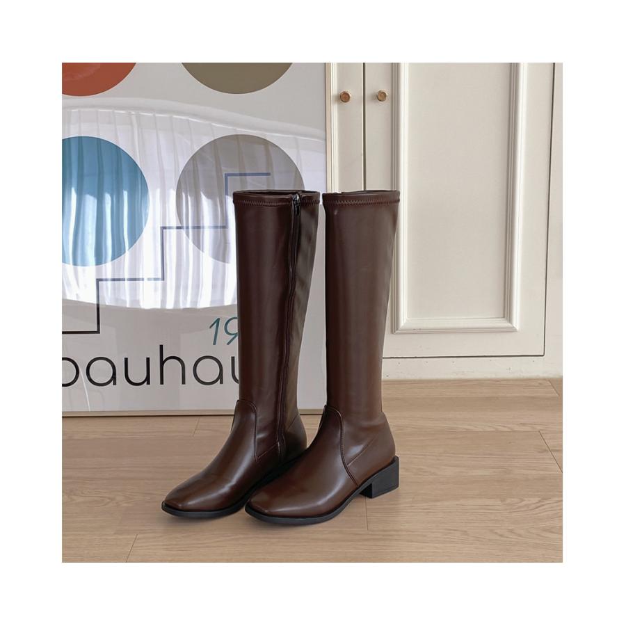 ロングブーツ サイドジップ フラット レディース ローヒール 黒 茶色