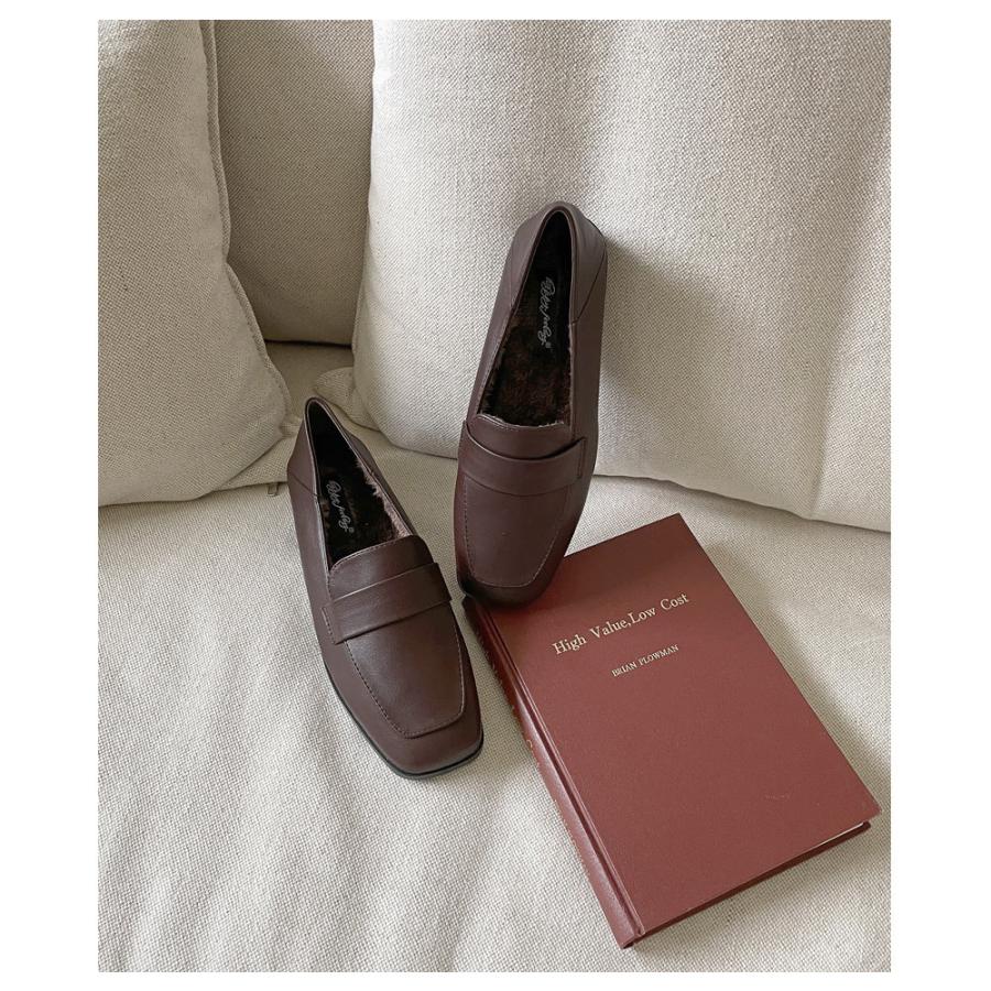 ローファー スクエアトゥ フェイクファー フラット レディース