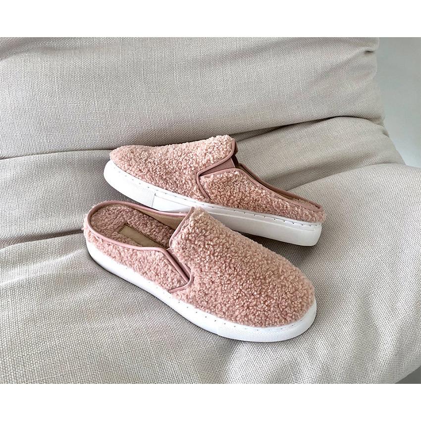 スリッポン サンダル フェイクファー フラット レディース 黒