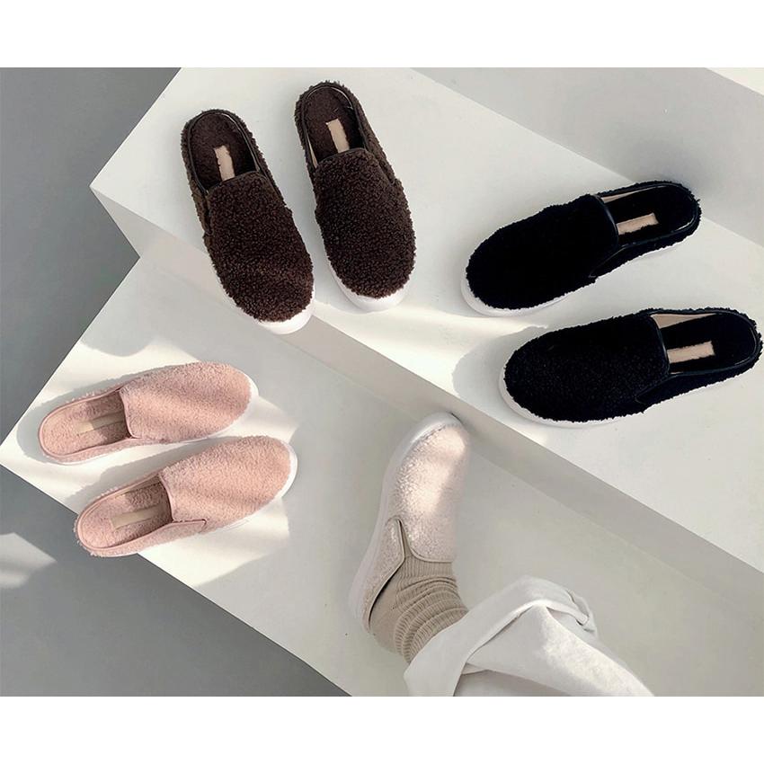 スリッポン サンダル フェイクファー フラット レディース 黒