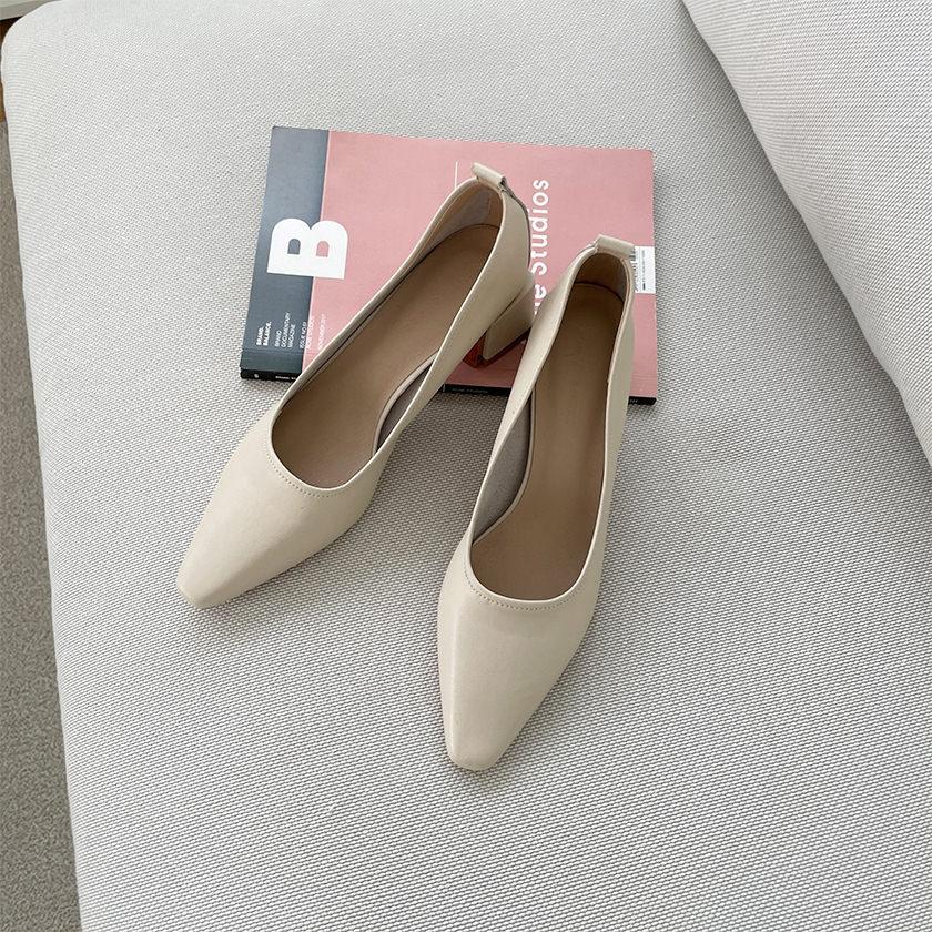 パンプス プレーン 牛革 レディース チャンキーヒール 太ヒール