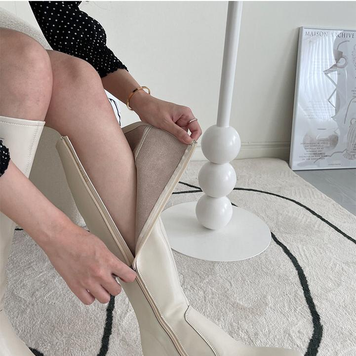 ロングブーツ 牛革 スクエアトゥ サイドジップ レディース ミドル