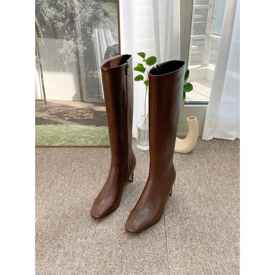 ロングブーツ スクエアトゥ サイドジップ レディース プレートヒール