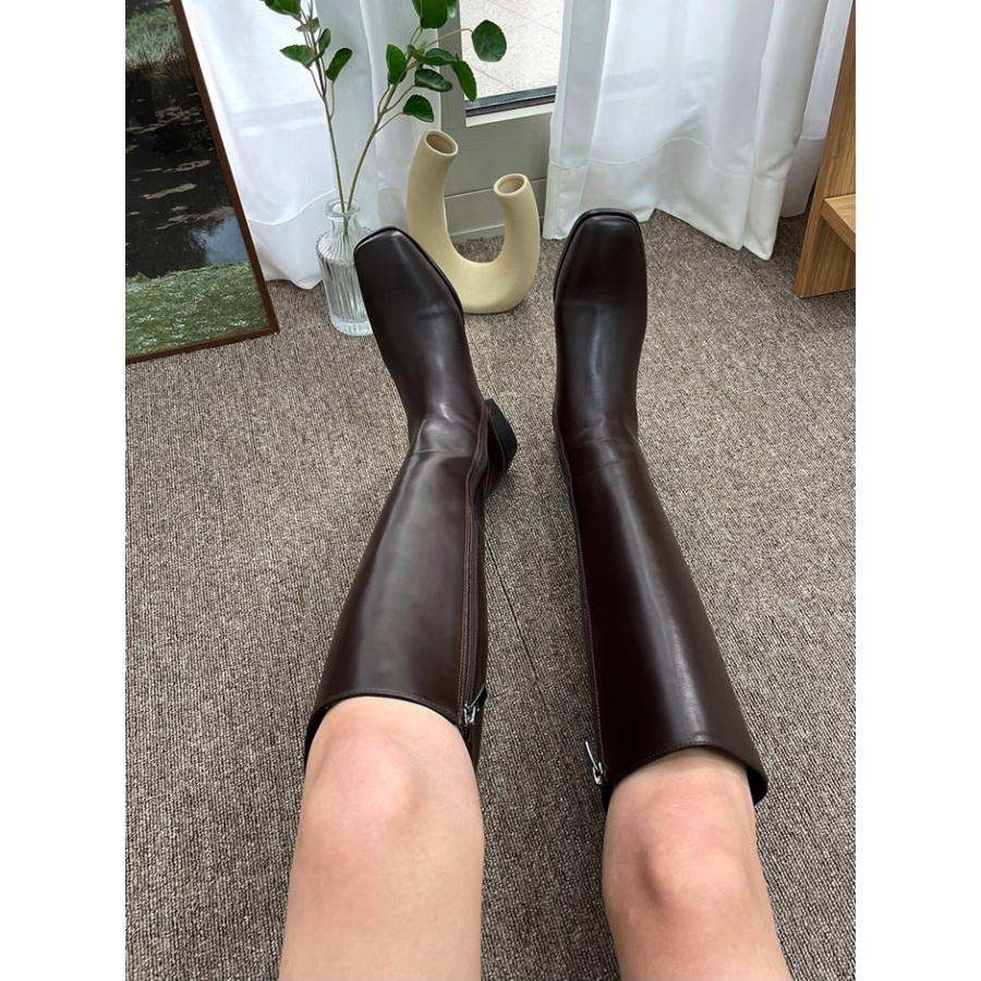 ロングブーツ スクエアトゥ サイドジップ レディース ミドルヒール 太