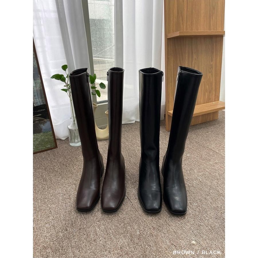 ロングブーツ スクエアトゥ サイドジップ レディース ミドルヒール 太