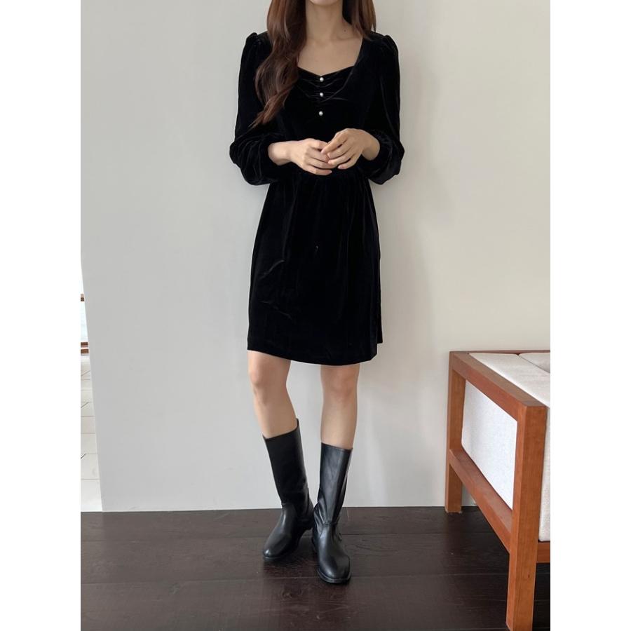 ミドルブーツ 履き口 ゆったり フラット レディース ローヒール 黒