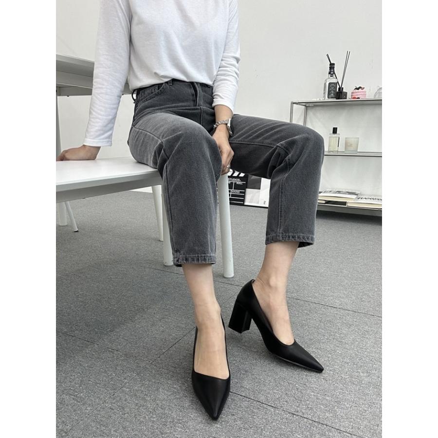 パンプス プレーン ポインテッドトゥ レディース チャンキーヒール 太