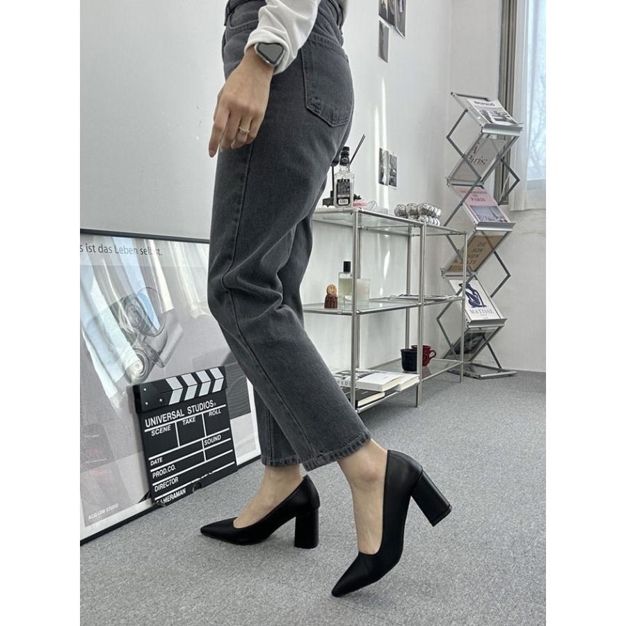 パンプス プレーン ポインテッドトゥ レディース チャンキーヒール 太