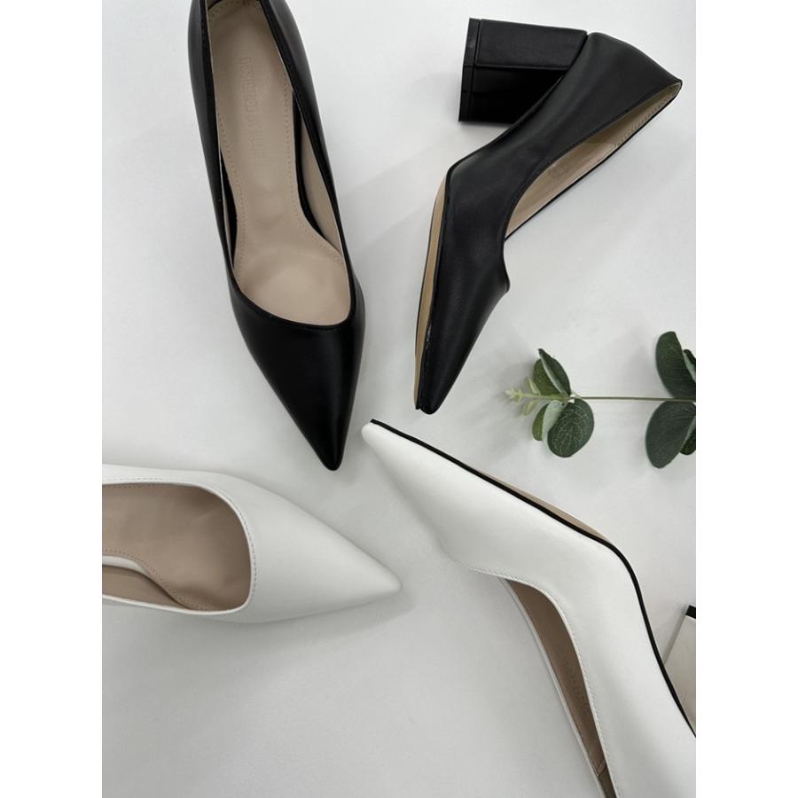 パンプス プレーン ポインテッドトゥ レディース チャンキーヒール 太