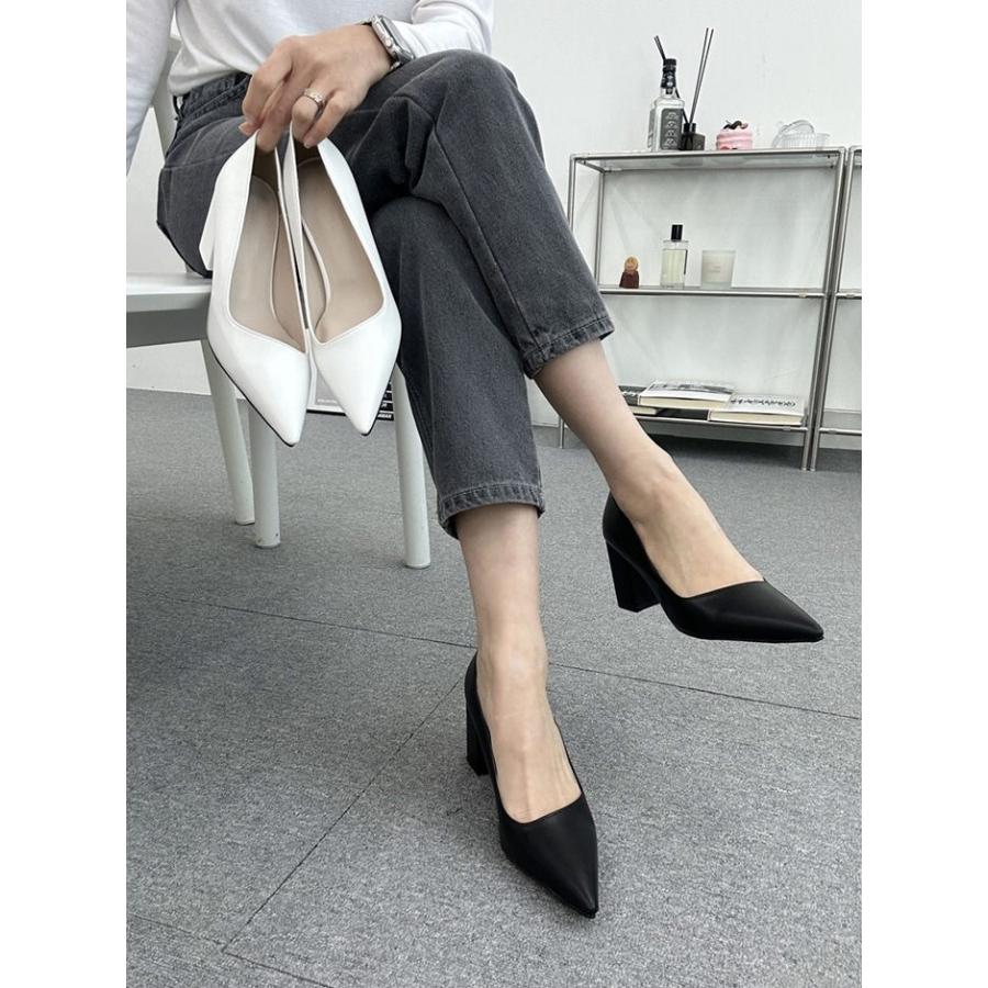 パンプス プレーン ポインテッドトゥ レディース チャンキーヒール 太