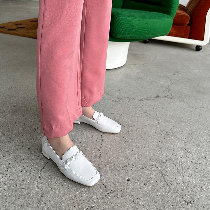 ローファー 天然牛革 編み込み モチーフ スクエアトゥ フラット