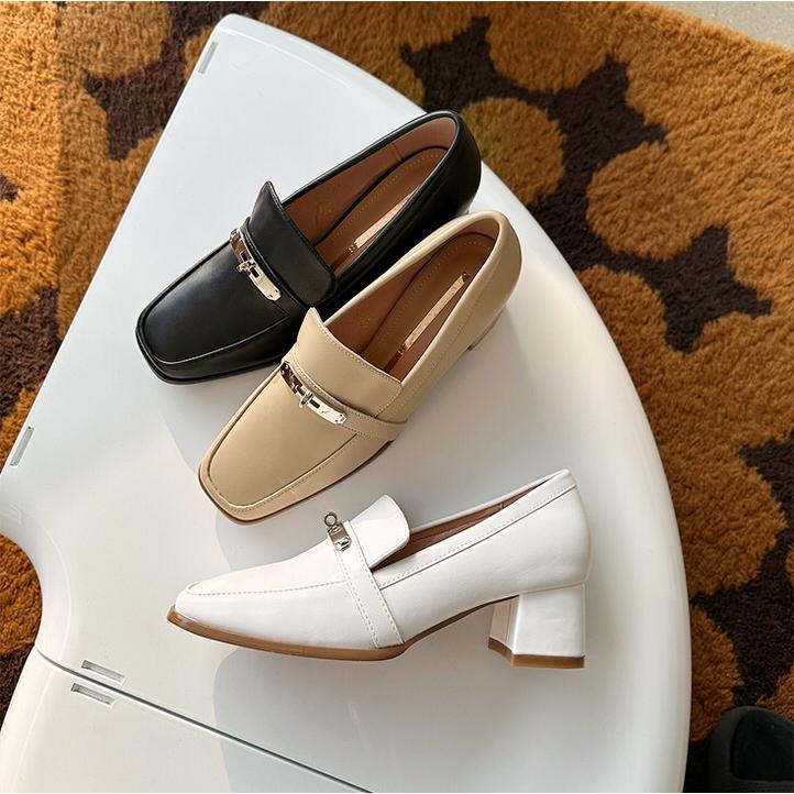 ローファー 天然牛革 メタル モチーフ スクエアトゥ レディース チャン