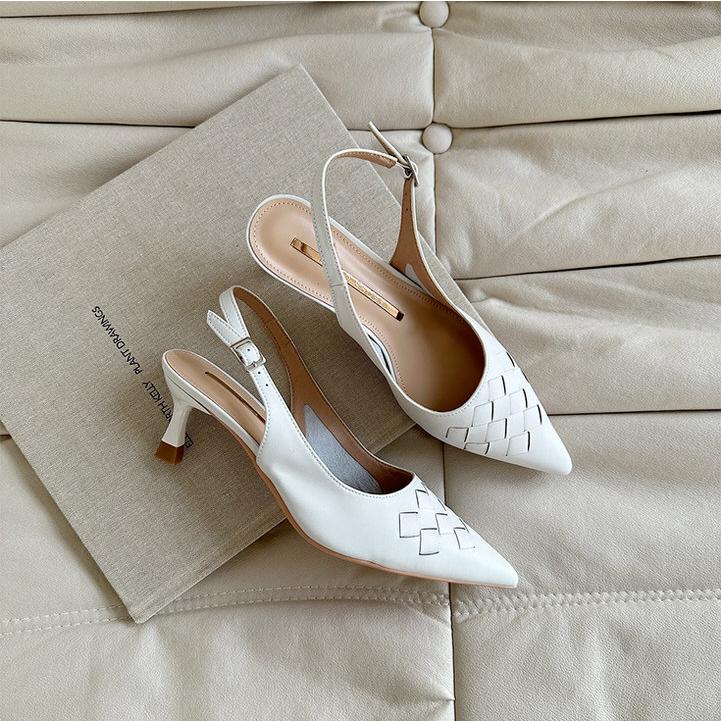 サンダル パンプス 天然牛革 編み込み バックストラップ ポインテッド