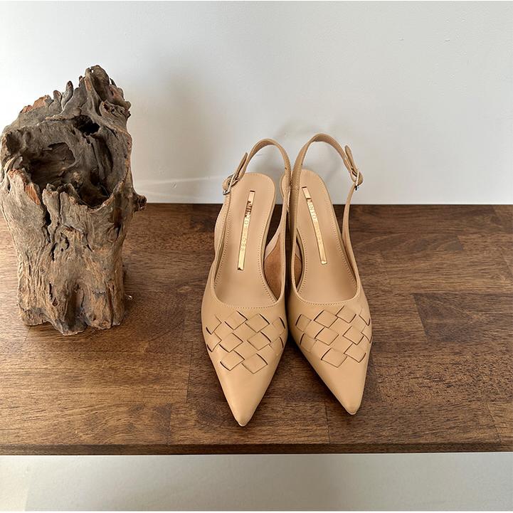 サンダル パンプス 天然牛革 編み込み バックストラップ ポインテッド