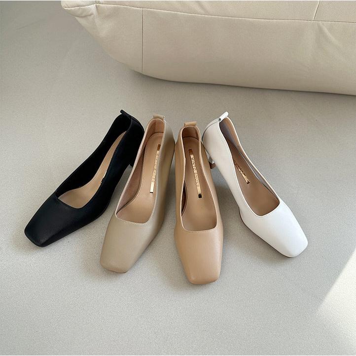 お洒落♪韓国デザイン スクエアトゥヒール パンプス ミュール パンプス 天然牛革 プレーン スクエアトゥ レディース ミドル