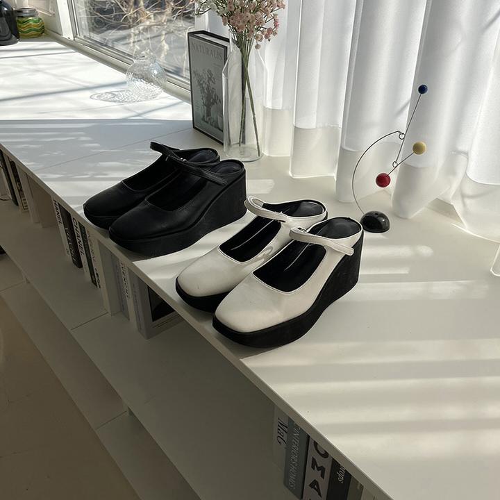 サンダル ミュール スクエアトゥ アンクルストラップ ウェッジヒール 