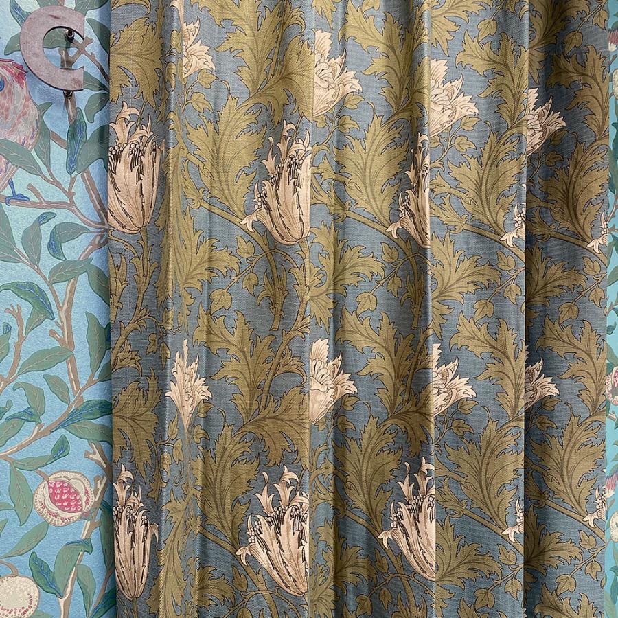 カーテン モリス柄 アネモネ サックス W200×H150 2倍ヒダ 3つ山ヒダ
