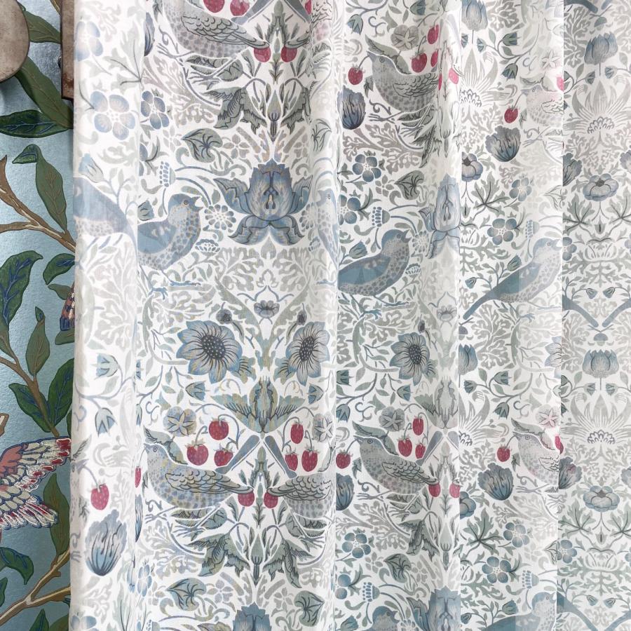 レースカーテン モリス柄 いちご泥棒 1.5倍ヒダ 横幅180cm 透け感 薄手