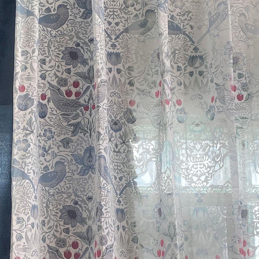 レースカーテン モリス柄 いちご泥棒 2倍ヒダ 横幅200cm 透け感 薄手