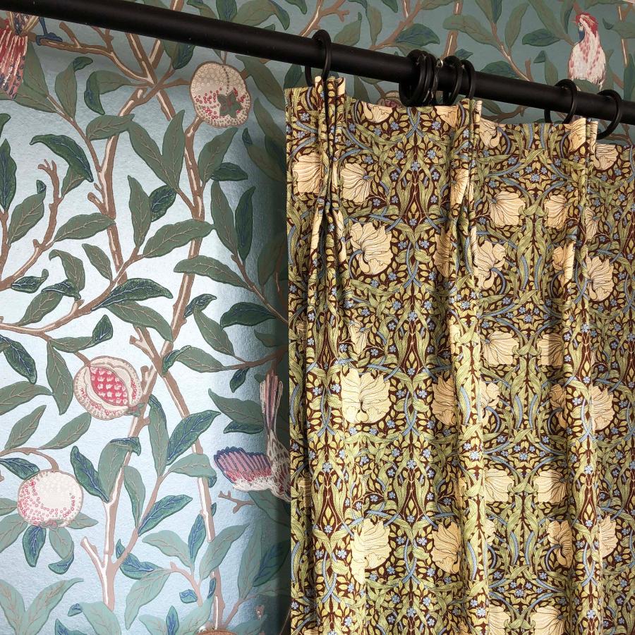 カーテン モリス柄 ピンパネルブラウン 巾180 遮光 裏地付き 1.5倍ヒダ
