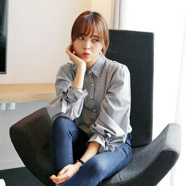 Acne Studios リボンストラップブラウス シャツ ブラウス ストライプ柄 リボン 七分袖 カジュアル トップス