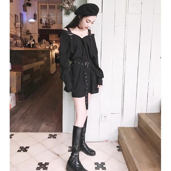 即納あり オフショルダー ワンピース風 長袖 ベルト ロック風 ブラック ビッグシルエット シャツ ブラウス レディース ファッション 原宿系 韓国系 6da149 韓国系ダンスウェアdecorative 通販 Yahoo ショッピング