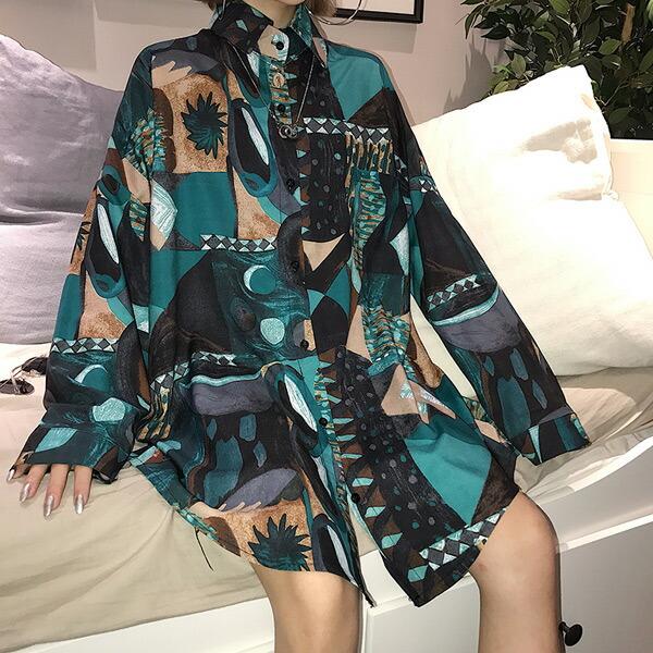 柄シャツ ブラウス 長袖 配色 総柄 アート ビッグシルエット ダンス 衣装 韓国 ファッション 大きいサイズ 個性的 服 原宿系 |  | 03