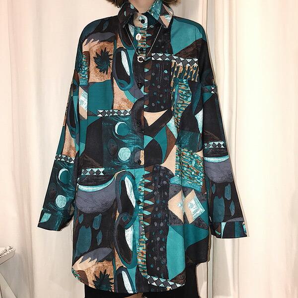柄シャツ ブラウス 長袖 配色 総柄 アート ビッグシルエット ダンス 衣装 韓国 ファッション 大きいサイズ 個性的 服 原宿系 |  | 05