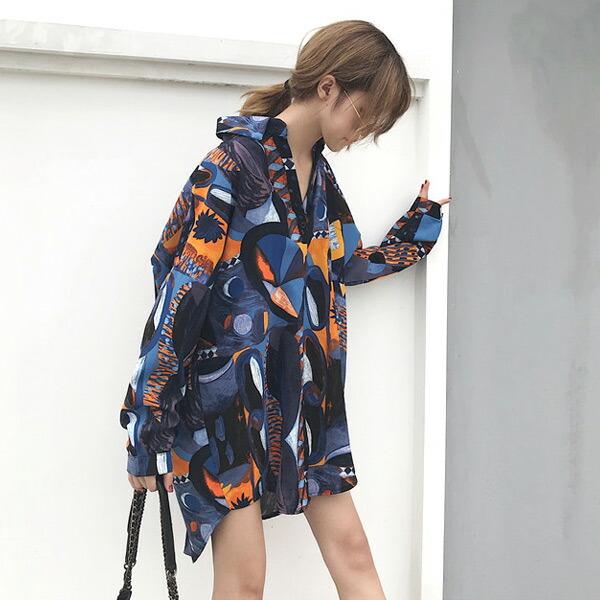 柄シャツ ブラウス 長袖 配色 総柄 アート ビッグシルエット ダンス 衣装 韓国 ファッション 大きいサイズ 個性的 服 原宿系 |  | 08