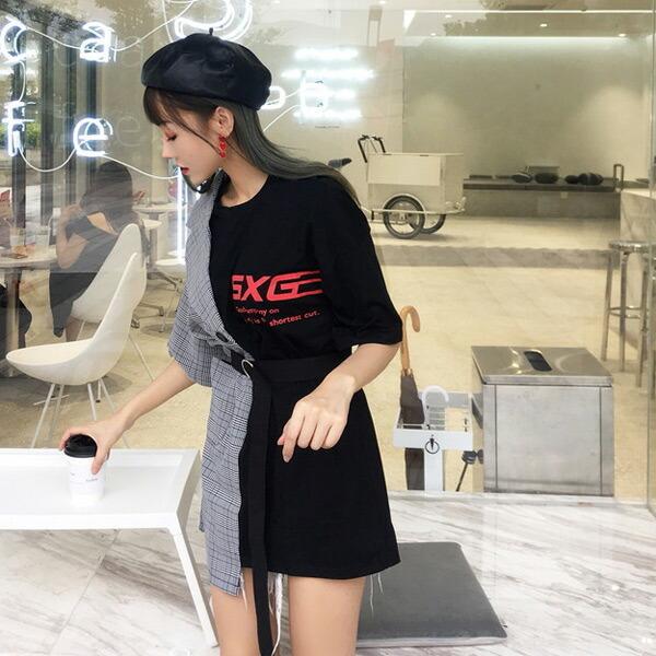アシンメトリー カットソー 異素材 ロゴ ビッグシルエット ストリート