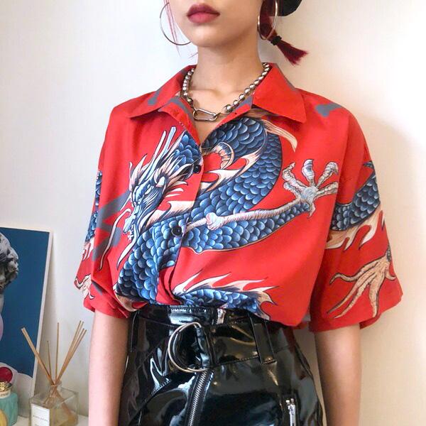 柄シャツ ドラゴン柄 プリント ビッグシルエット トップス ダンス 衣装