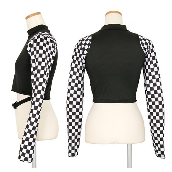 クロップド丈トップス 長袖 ブロックチェック柄 ハイネック 白黒