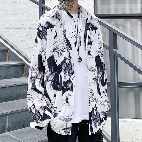 柄シャツ 長袖 総柄 モノトーン配色 ビッグシルエット トップス ダンス
