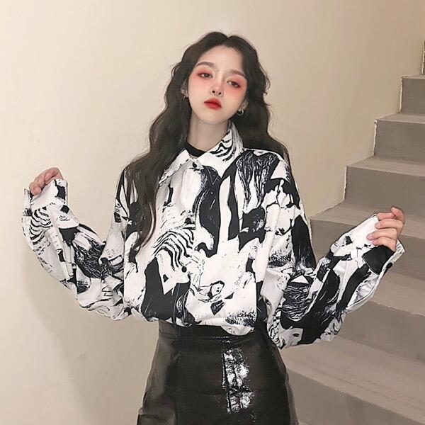 柄シャツ 長袖 総柄 モノトーン配色 ビッグシルエット トップス ダンス