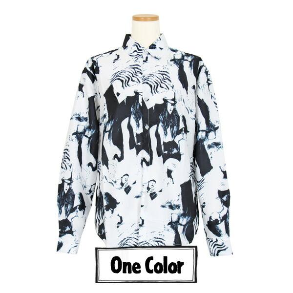 柄シャツ 長袖 総柄 モノトーン配色 ビッグシルエット トップス ダンス