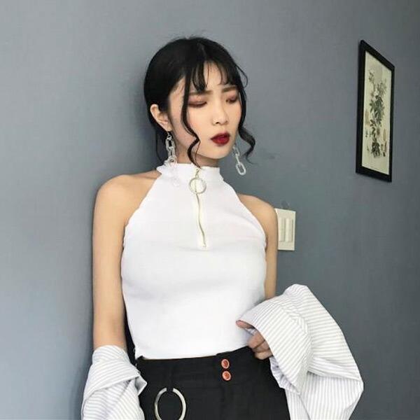 ニットソー ノースリーブ クロップド丈 ジップアップ 無地 白 黒