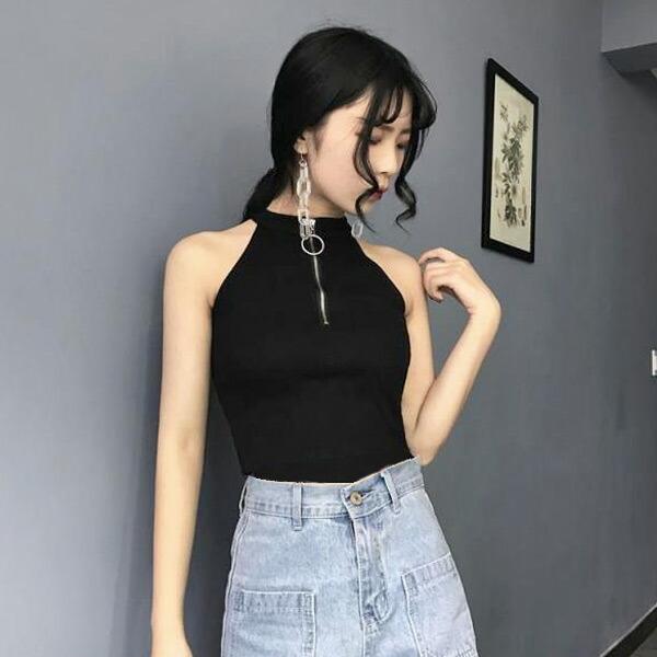 ニットソー ノースリーブ クロップド丈 ジップアップ 無地 白 黒