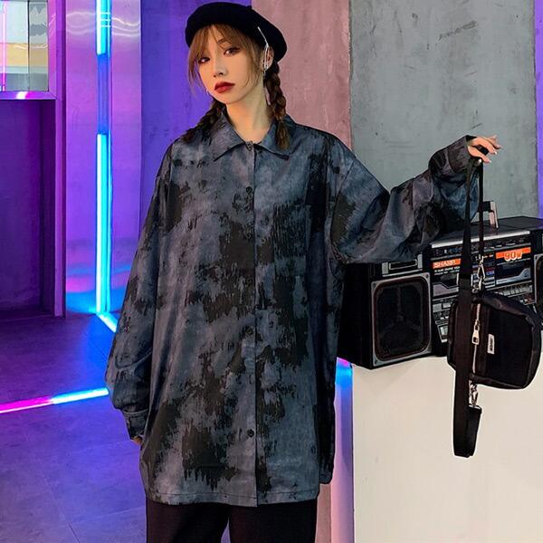 柄シャツ 長袖 総柄 ダークカラー ビッグシルエット トップス