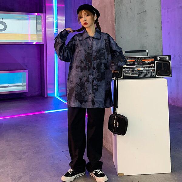 柄シャツ 長袖 総柄 ダークカラー ビッグシルエット トップス ダンス