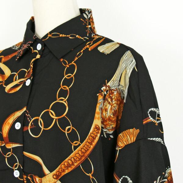 柄シャツ チェーンベルト柄 長袖 ビッグシルエット トップス ダンス