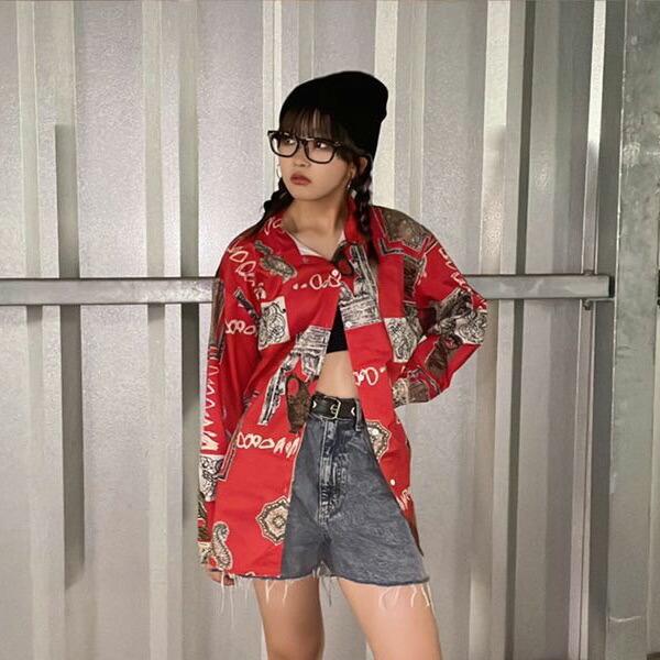 即納あり】柄シャツ ペイズリー柄 レッド 総柄 アート 長袖