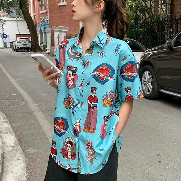 即納あり 柄シャツ エキゾチック 異国風 イラスト 総柄 ライトブルー 半袖 トップス ダンス 衣装 韓国 ヒップホップ レディース 9da043 韓国系ダンスウェアdecorative 通販 Yahoo ショッピング