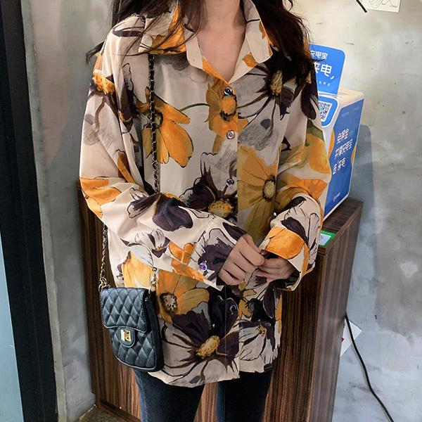 シアーブラウス フラワー柄 柄シャツ レトロ ベージュ 長袖 トップス ダンス 衣装 韓国 ヒップホップ レディース 9da054 韓国系ダンスウェアdecorative 通販 Yahoo ショッピング