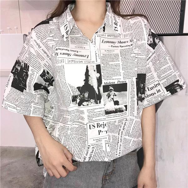 柄シャツ 半袖 ニュースペーパー 総柄 プリント モノトーン トップス