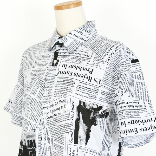 柄シャツ 半袖 ニュースペーパー 総柄 プリント モノトーン トップス