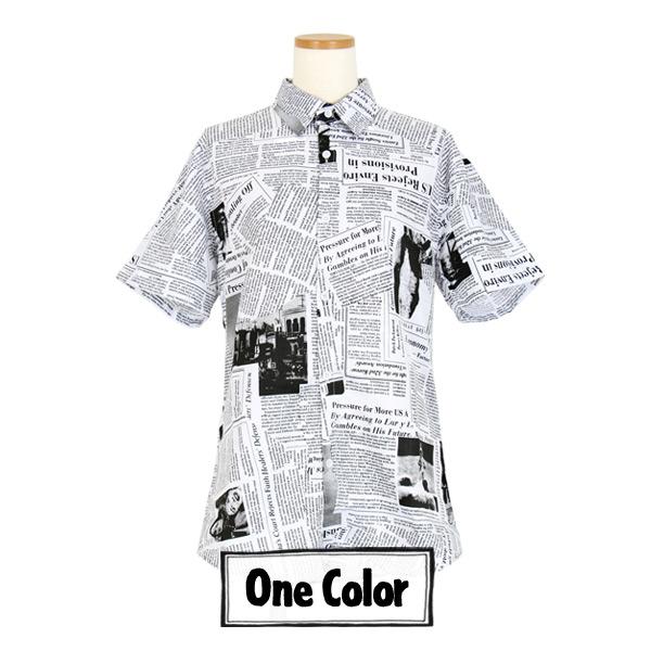 柄シャツ 半袖 ニュースペーパー 総柄 プリント モノトーン トップス