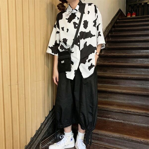柄シャツ 牛柄 総柄 プリント モノトーン 半袖 トップス ダンス 衣装