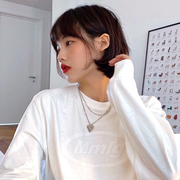 ハート＆リボンモチーフ 2連チェーンネックレス シルバー 韓国系