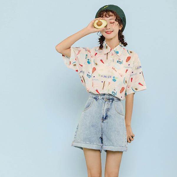 即納あり 柄シャツ Food柄 食べ物柄 総柄 半袖 ライトベージュ トップス ダンス 衣装 韓国 ヒップホップ レディース a034 韓国系ダンスウェアdecorative 通販 Yahoo ショッピング