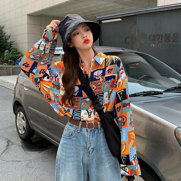 柄シャツ カラフル 遊園地 総柄 イラスト ビッグシルエット 長袖